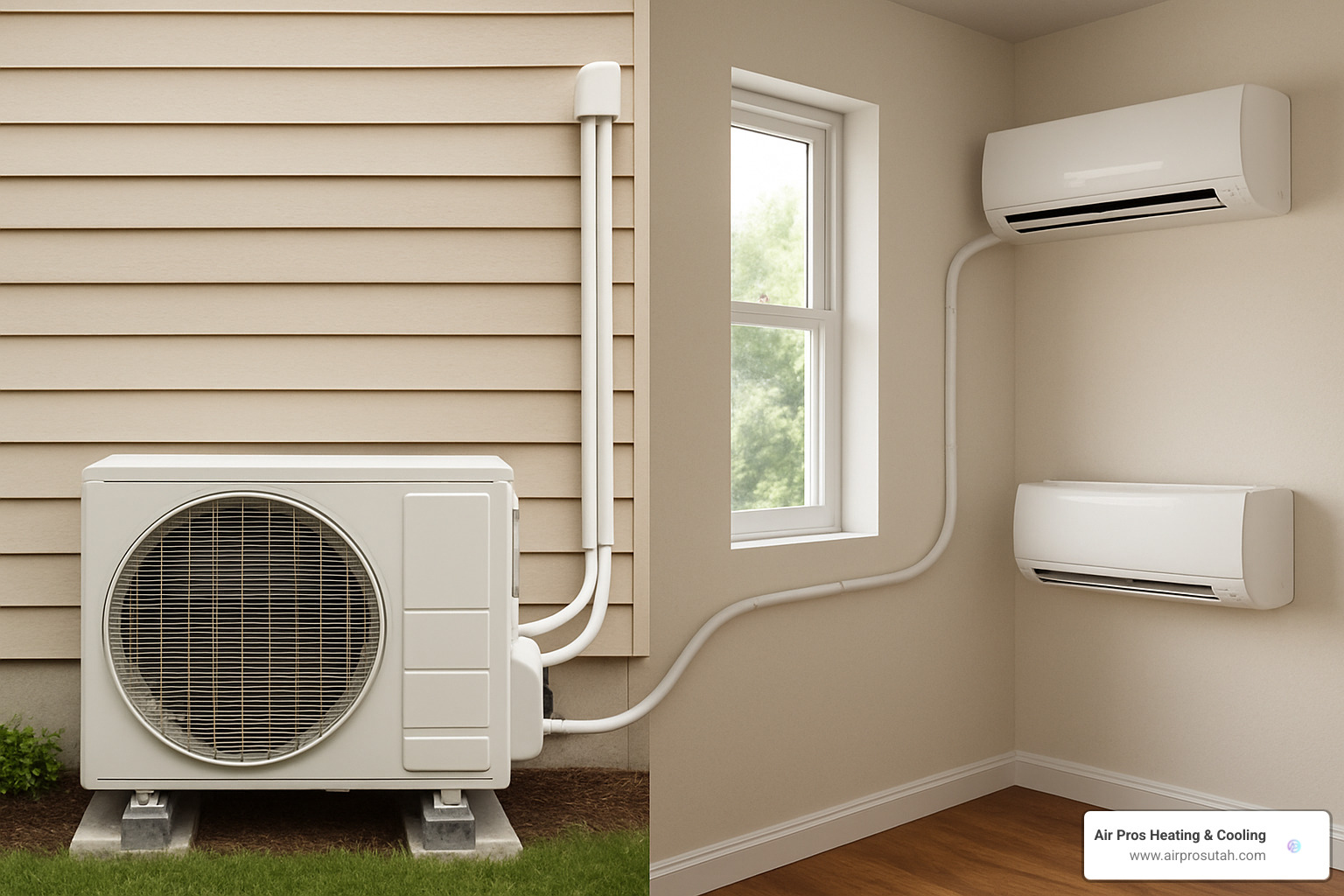 Mini split outdoor and indoor units connected by refrigerant lines - mini split heating systems