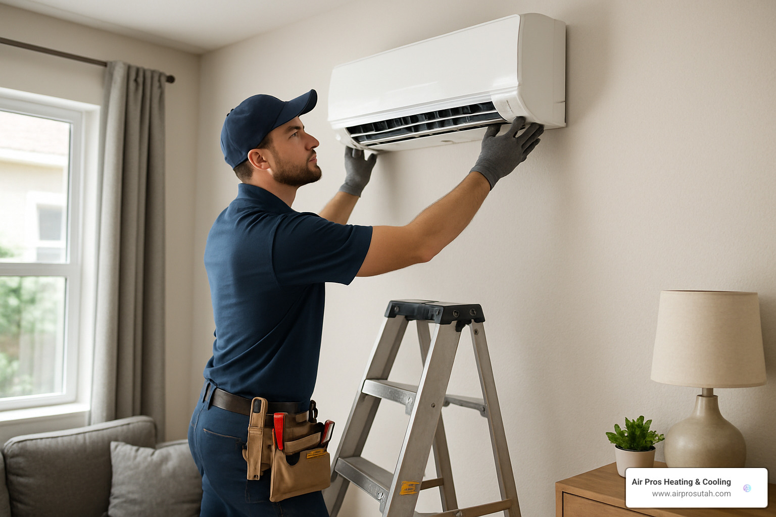 Professional technician installing a mini split indoor unit on a wall - mini split heating systems