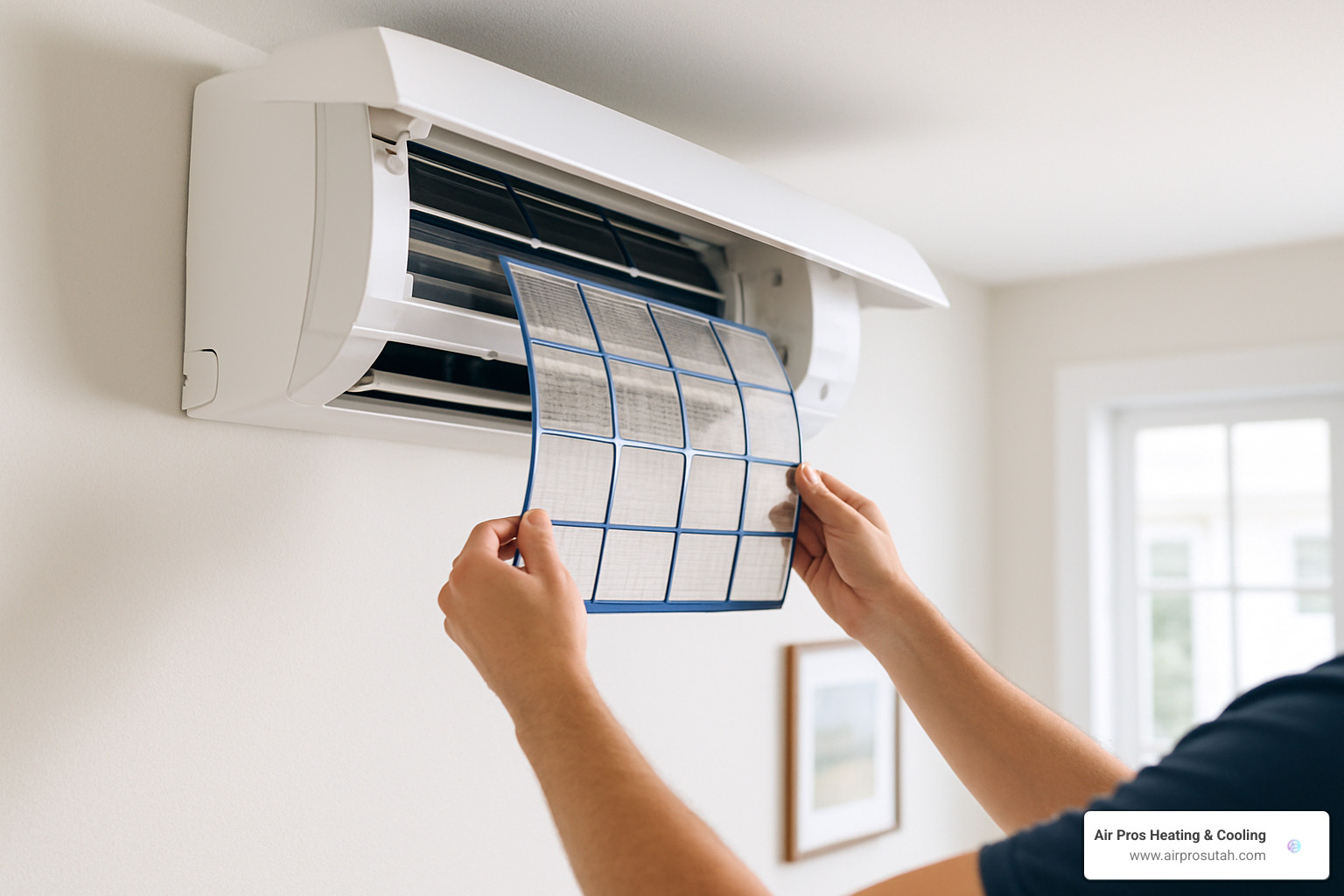 Person cleaning a mini split air filter - mini split heating systems