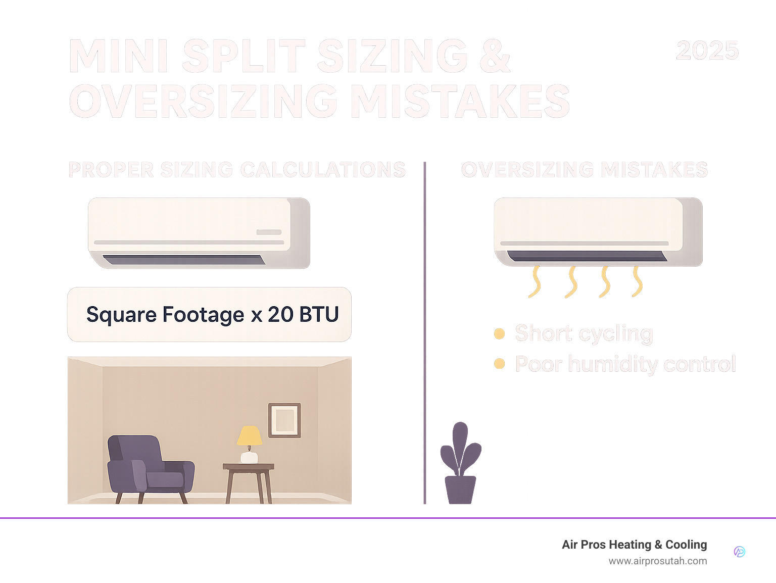 Infographic showing proper mini split sizing calculations and common oversizing mistakes that lead to short cycling and poor humidity control - disadvantages of mini split systems infographic 