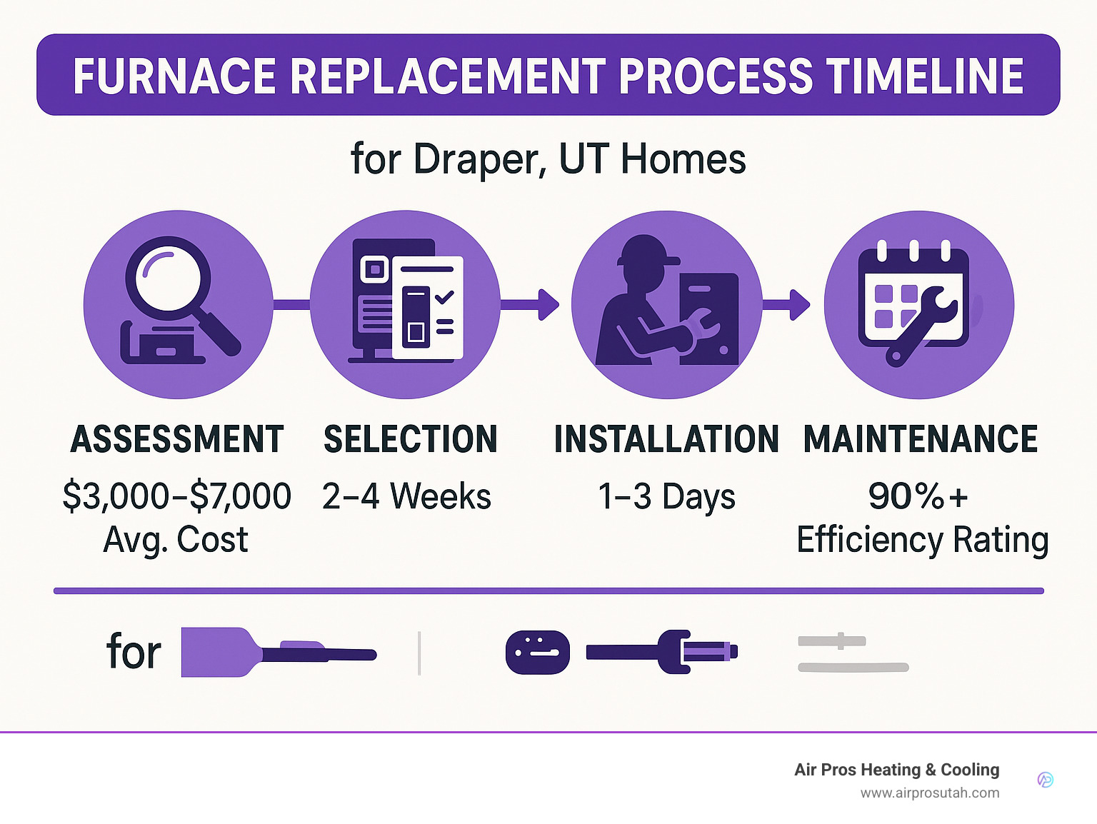 Furnace replacement process timeline showing assessment, selection, installation and maintenance phases with average costs, timeframes, and efficiency ratings for Draper, UT homes - furnace replacement draper ut infographic 