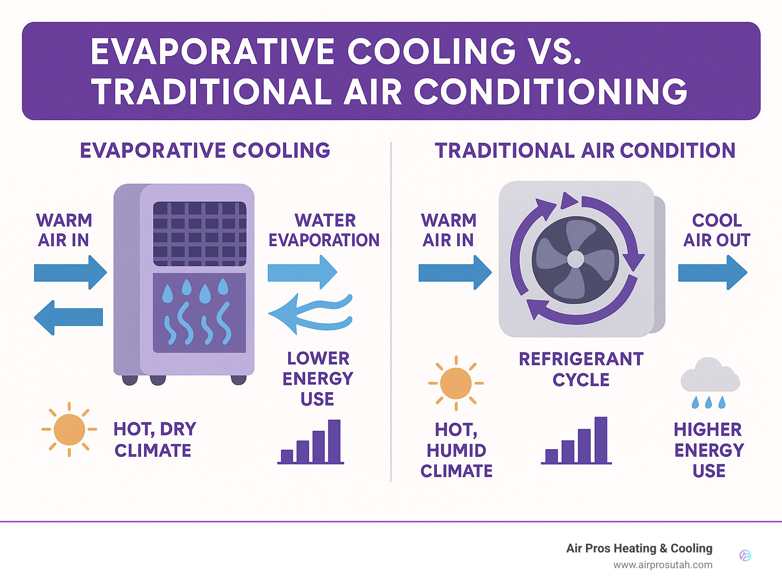 Infographic comparing evaporative cooling vs traditional air conditioning, showing water evaporation process for ventless units versus refrigerant cycle for traditional AC, with climate suitability and energy consumption differences - ventless air conditioner infographic