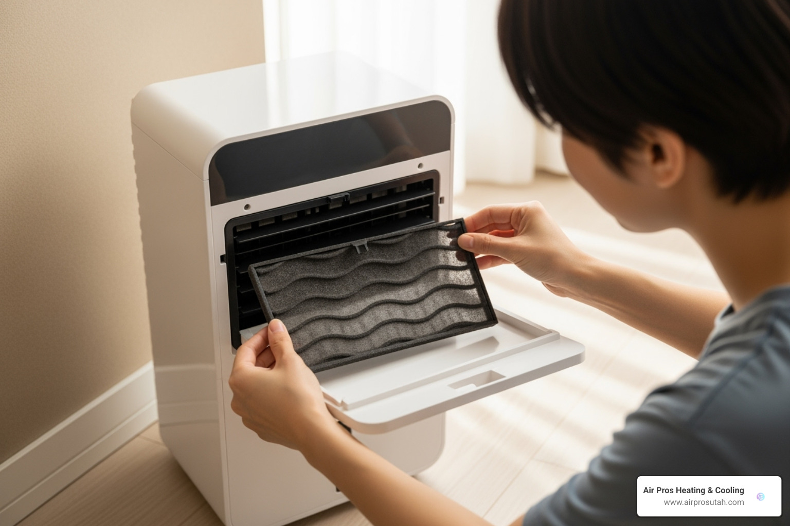 image of a person easily cleaning the filter of a ventless cooler - ventless air conditioner