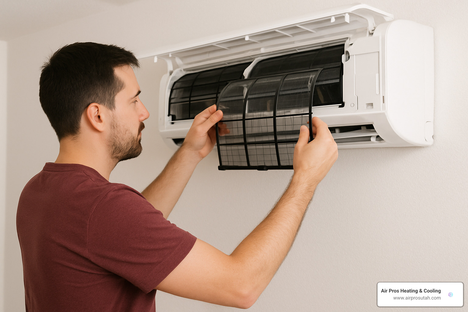 homeowner removing and cleaning mini split air filter - ductless mini split repair
