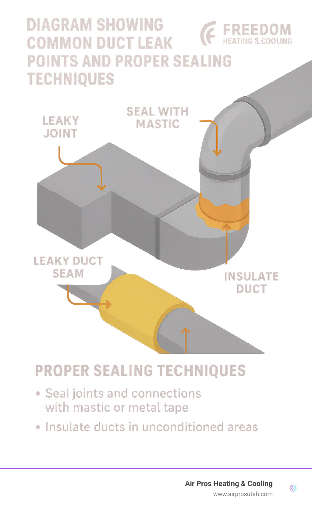Diagram showing common duct leak points and proper sealing techniques - Energy-saving HVAC solutions infographic 