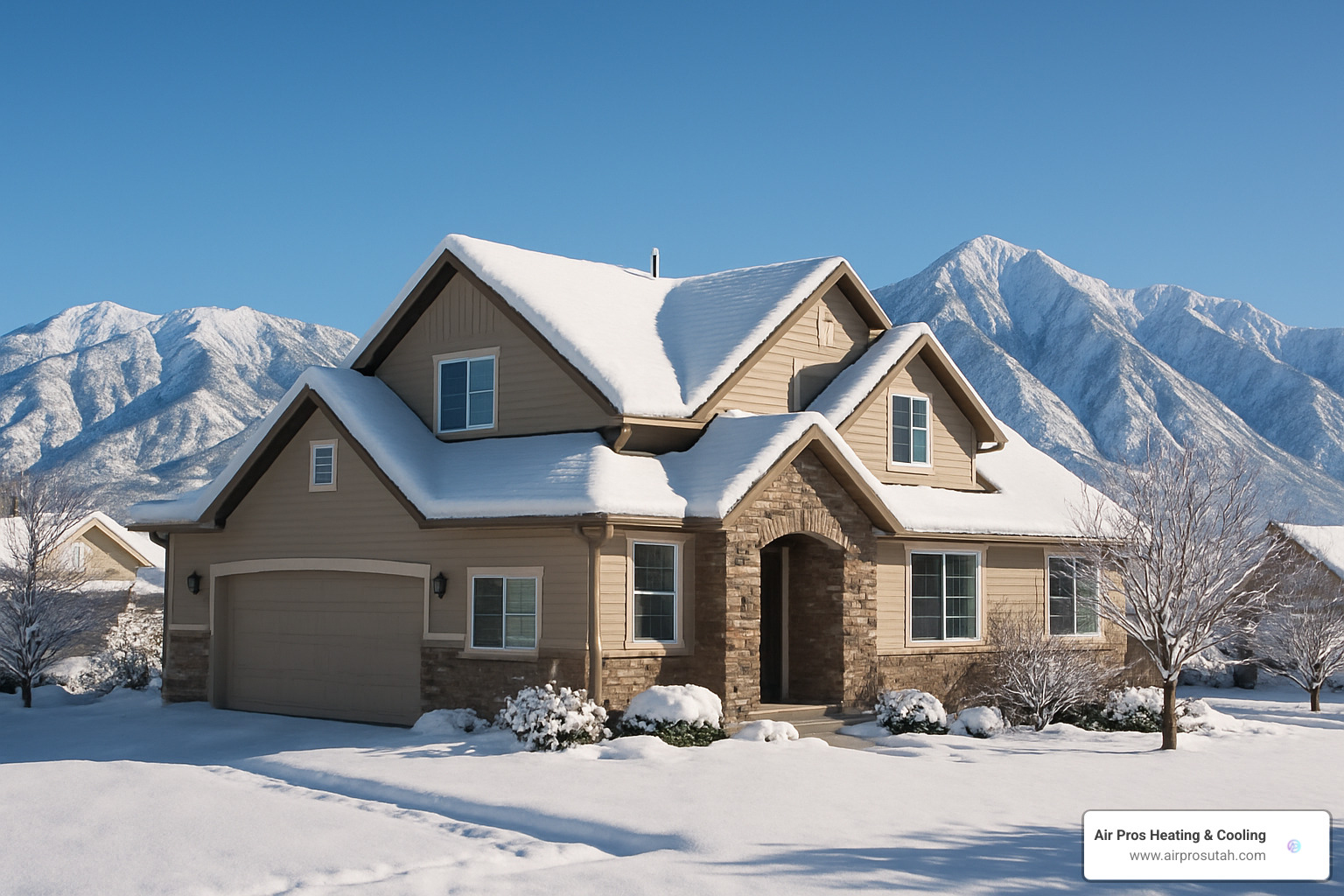 Draper Utah winter home with snow covered mountains in background - furnace repair draper ut