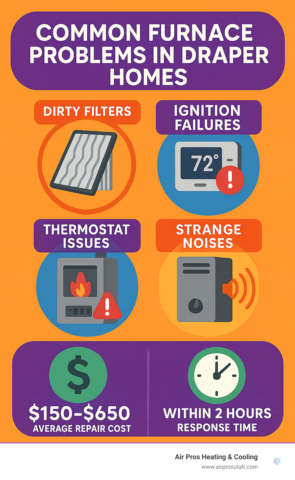 Infographic showing common furnace problems in Draper homes including dirty filters, ignition failures, thermostat issues, and strange noises, along with average repair costs and expected response times from local HVAC companies - furnace repair draper ut infographic 