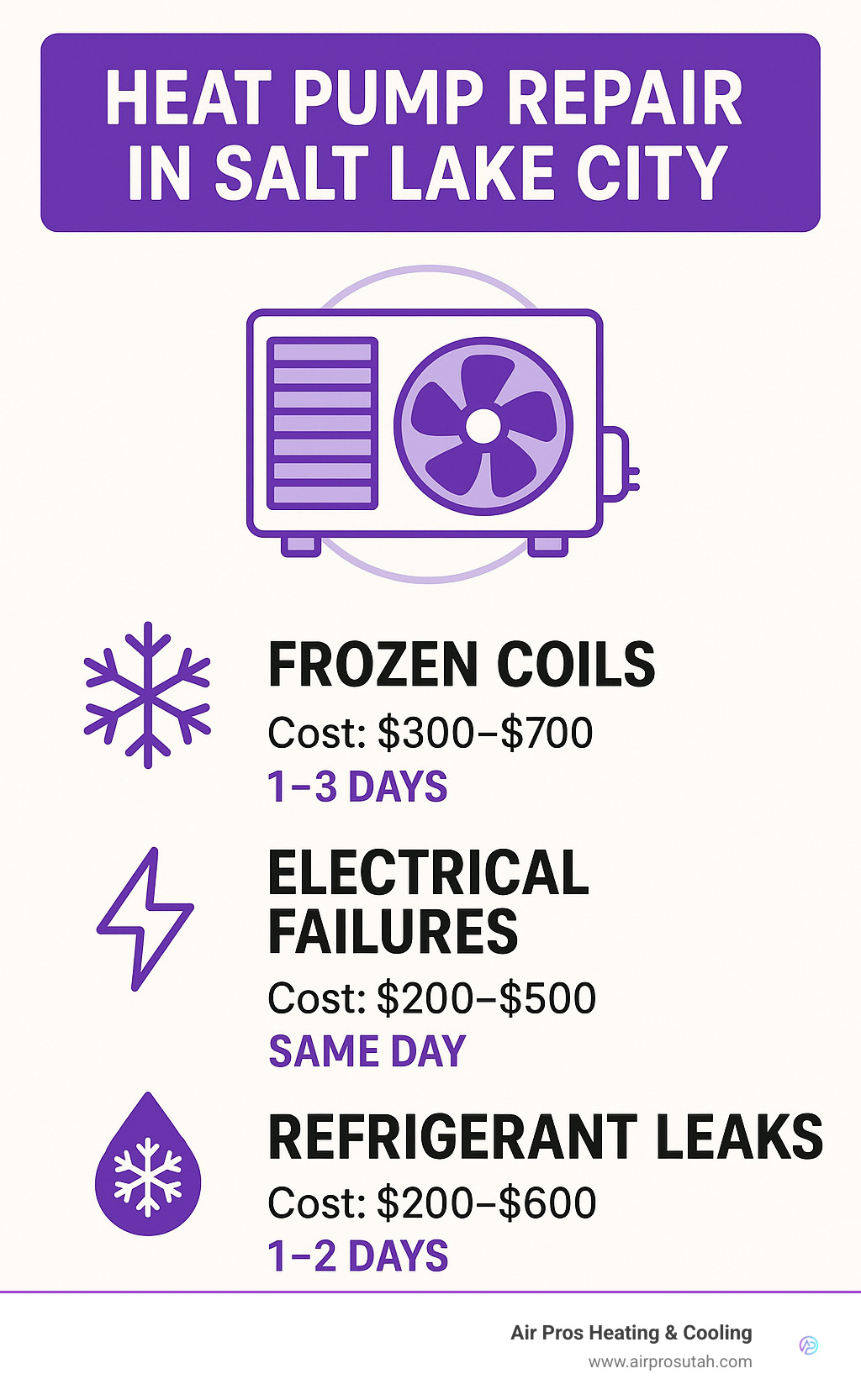 Diagram showing common heat pump issues in Salt Lake City including frozen coils, electrical failures, refrigerant leaks, and their typical repair costs and timeframes - heat pump repair salt lake city ut infographic 
