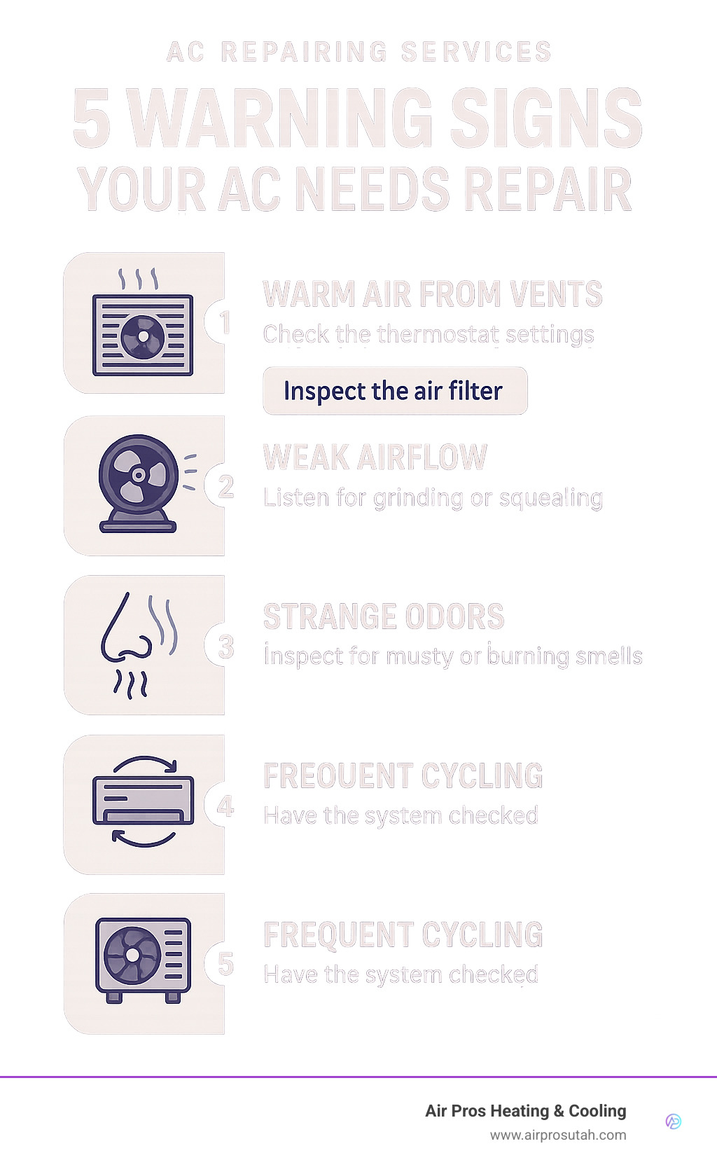 Infographic showing the top 5 warning signs your AC needs repair: warm air from vents, weak airflow, unusual noises like grinding or squealing, strange odors including musty or burning smells, and frequent cycling on and off, with recommended action steps for each sign - ac repairing services infographic