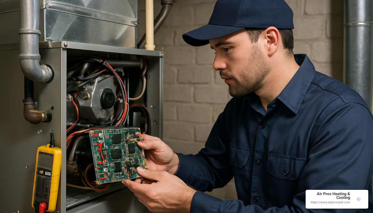 Technician examining furnace control board - Furnace thermostat troubleshooting
