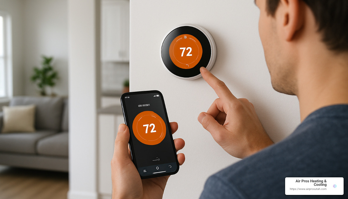 Person checking thermostat with smartphone nearby - Furnace thermostat troubleshooting