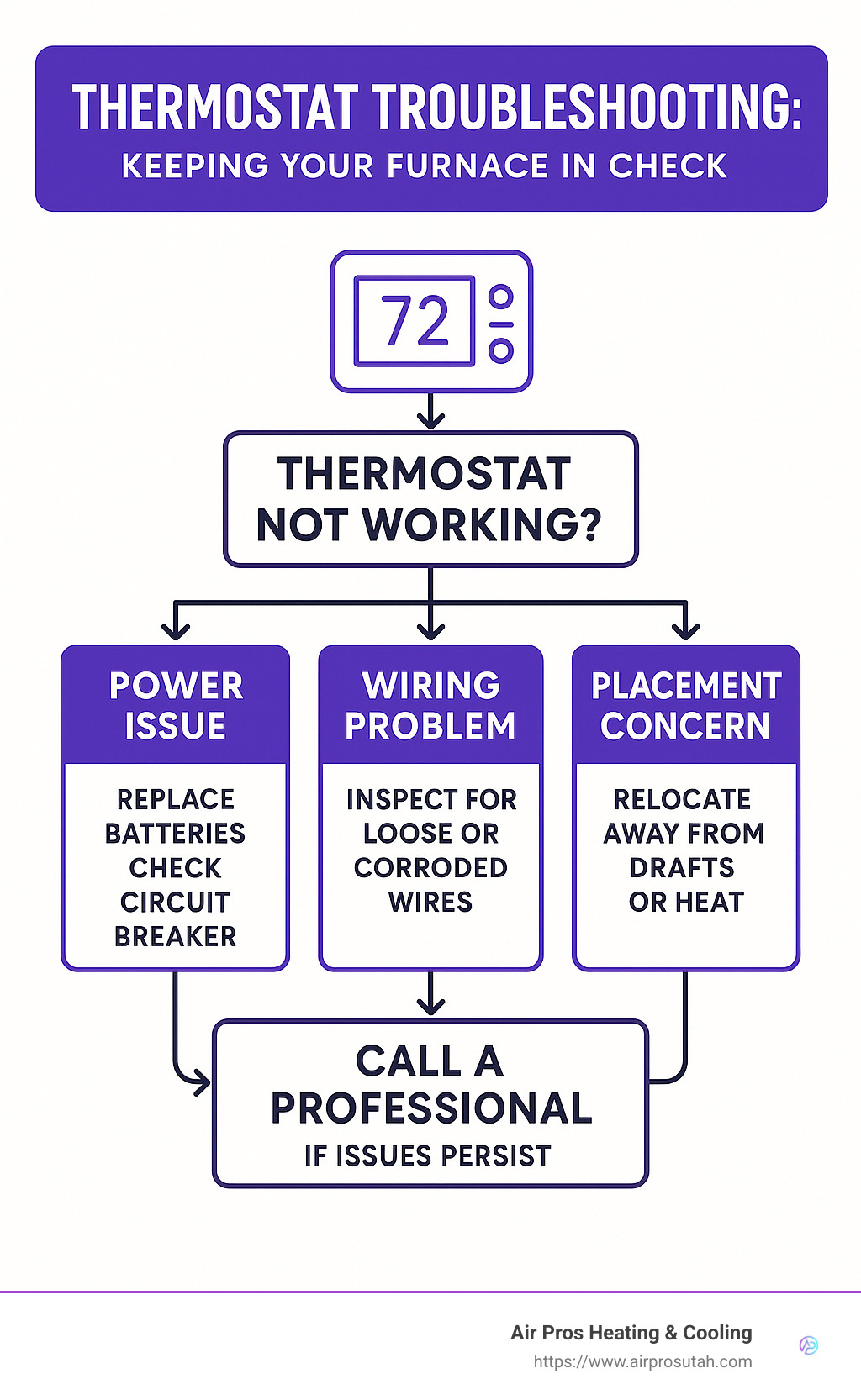 Detailed flowchart showing common thermostat problems and their solutions, including power issues, wiring problems, placement concerns, and when to call a professional - Furnace thermostat troubleshooting infographic 