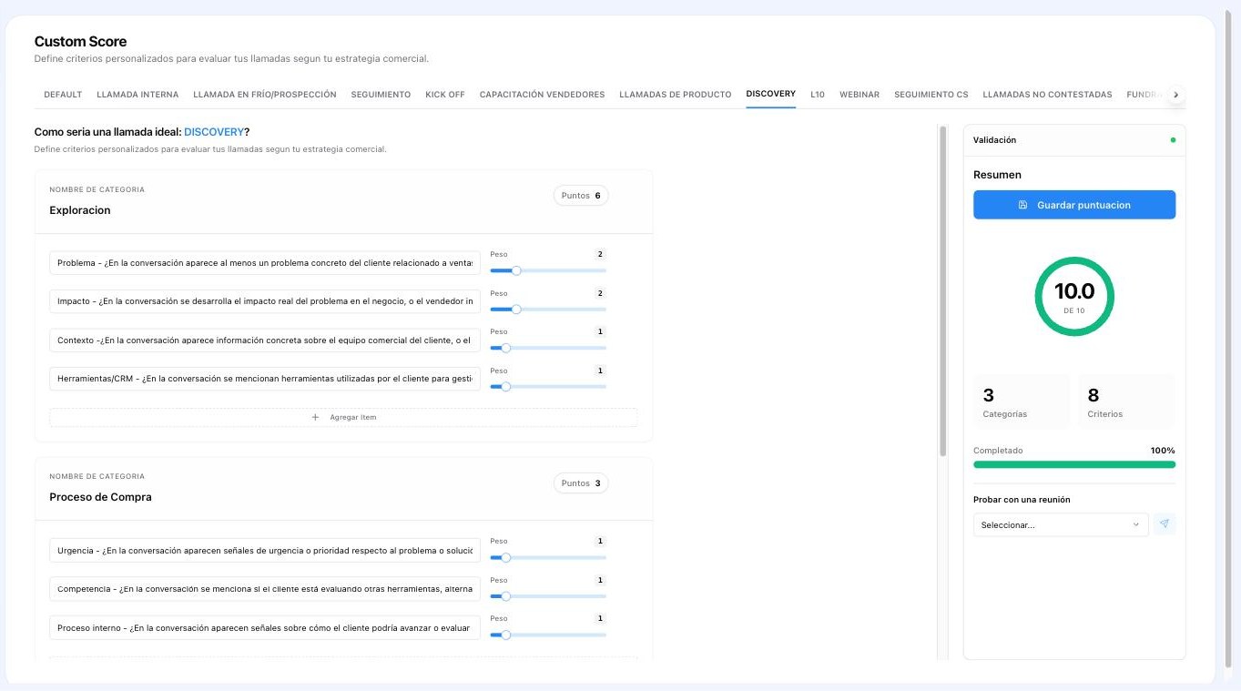 Configuración del Samu Score en Samu: categorías, criterios binarios y pesos para evaluar llamadas de discovery