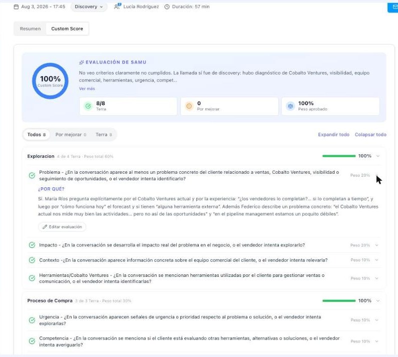 amu Score de una llamada de discovery: puntaje de cumplimiento, evaluación por categoría y justificación de cada criterio con cita textual