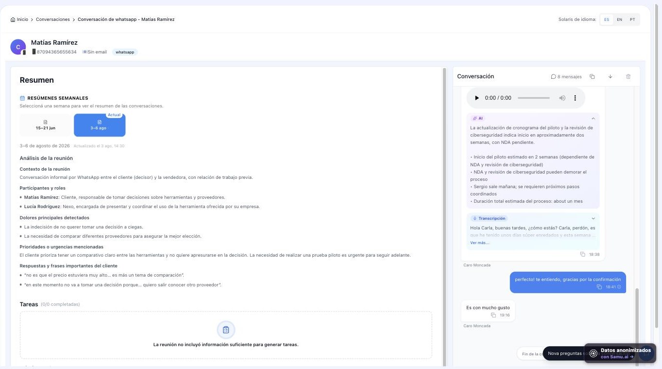 Conversación de WhatsApp de ventas analizada por Samu: resumen automático con dolores del cliente, prioridades y frases textuales
