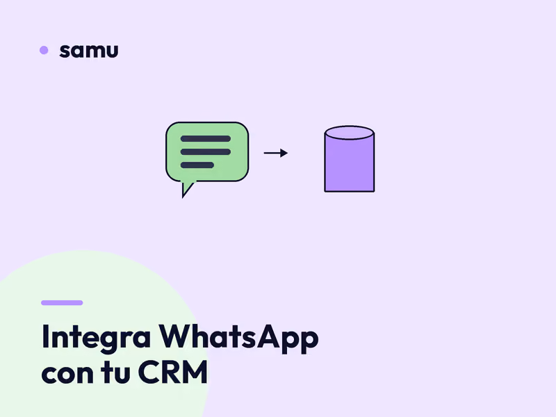 Globo de chat verde con una flecha hacia una base de datos violeta, junto al título Integra WhatsApp con tu CRM