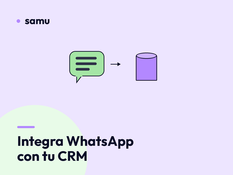 Globo de chat verde con una flecha hacia una base de datos violeta, junto al título Integra WhatsApp con tu CRM