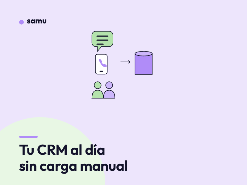 Chat, teléfono y personas conectados con una flecha a una base de datos, junto al título Tu CRM al día sin carga manual