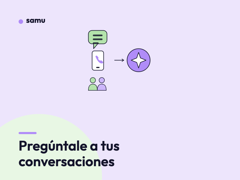 Chat, teléfono y personas conectados con una flecha a un círculo violeta con una chispa, junto al título Pregúntale a tus conversaciones