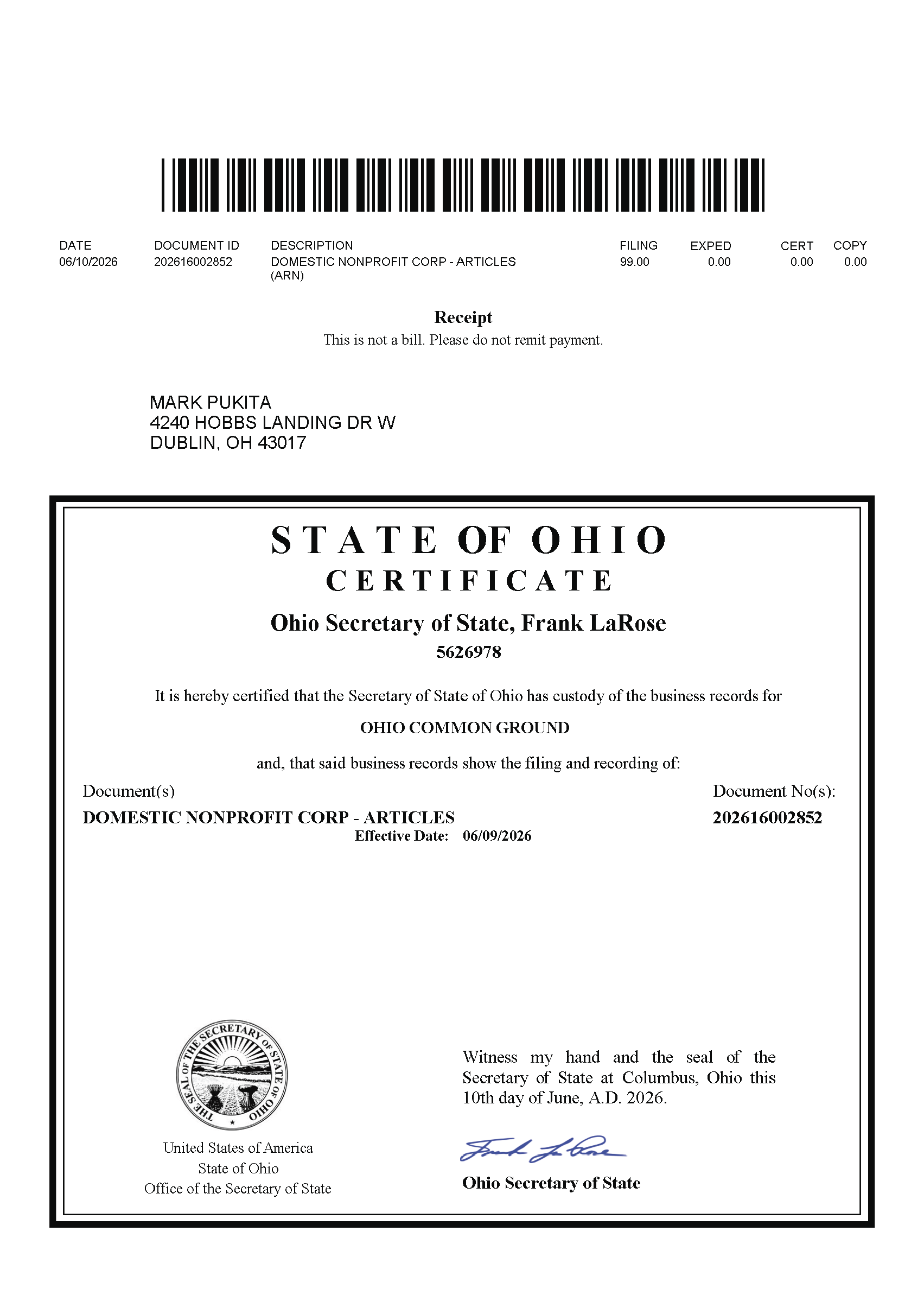 Bylaws Cover Page
