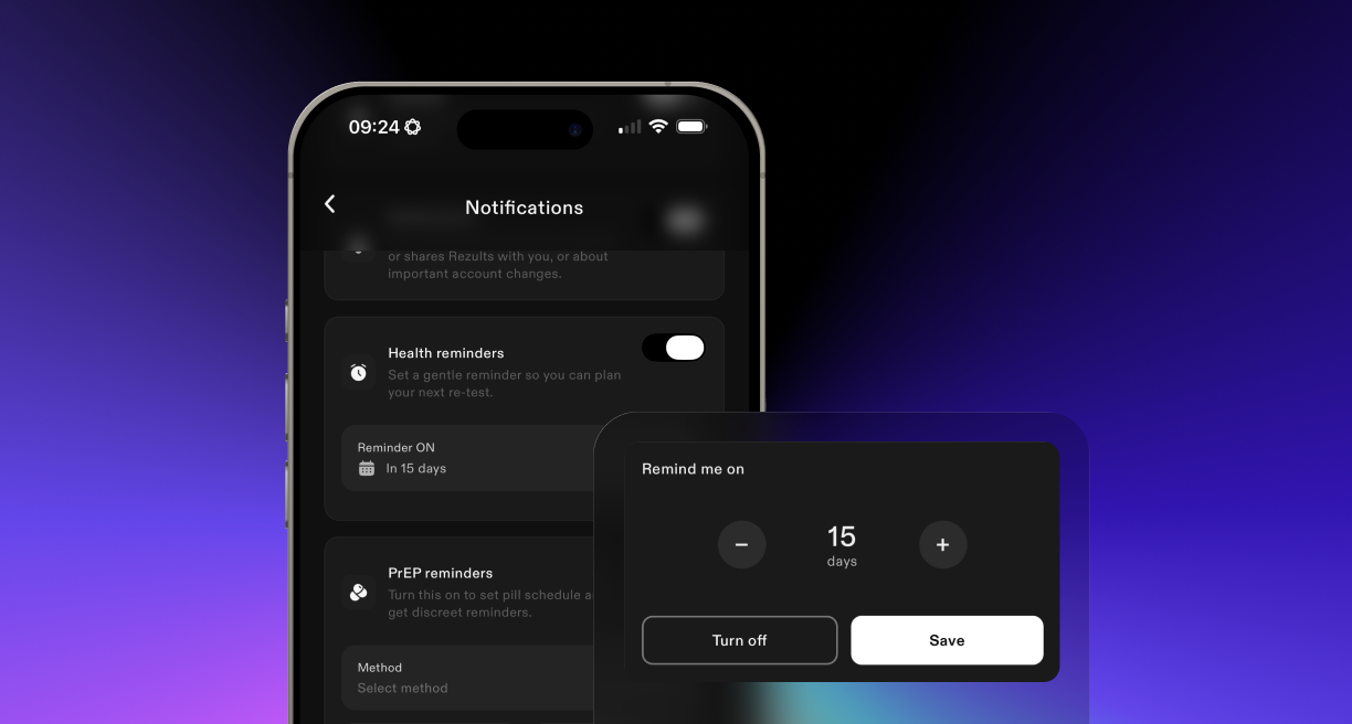 Get tested and reminders screens on Zults