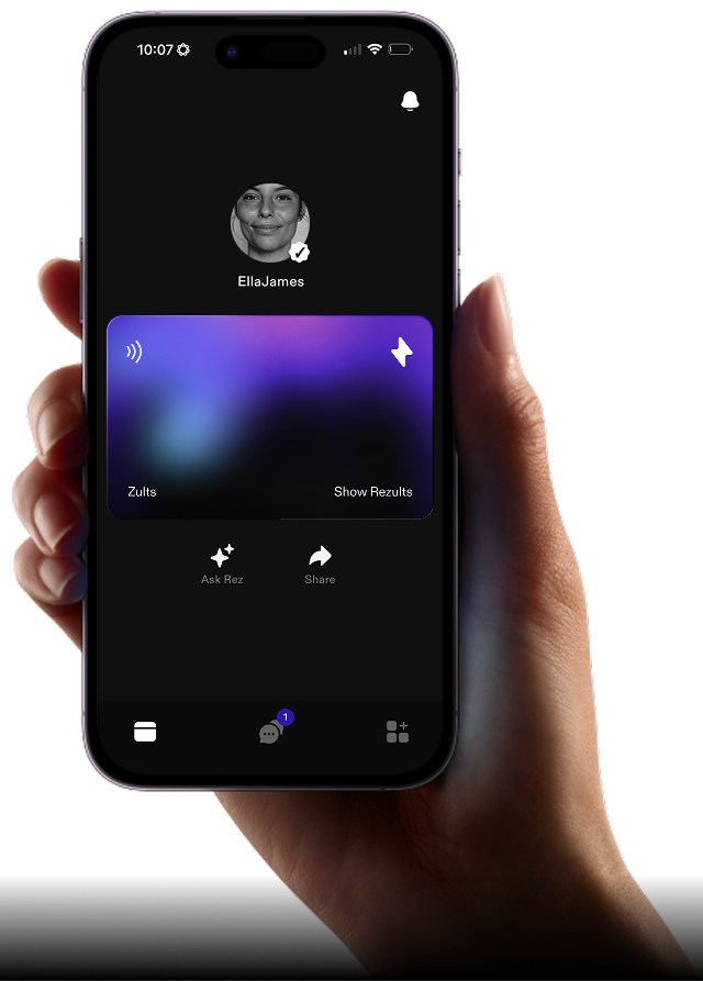Zults app showing a verified Rezults card ready to share