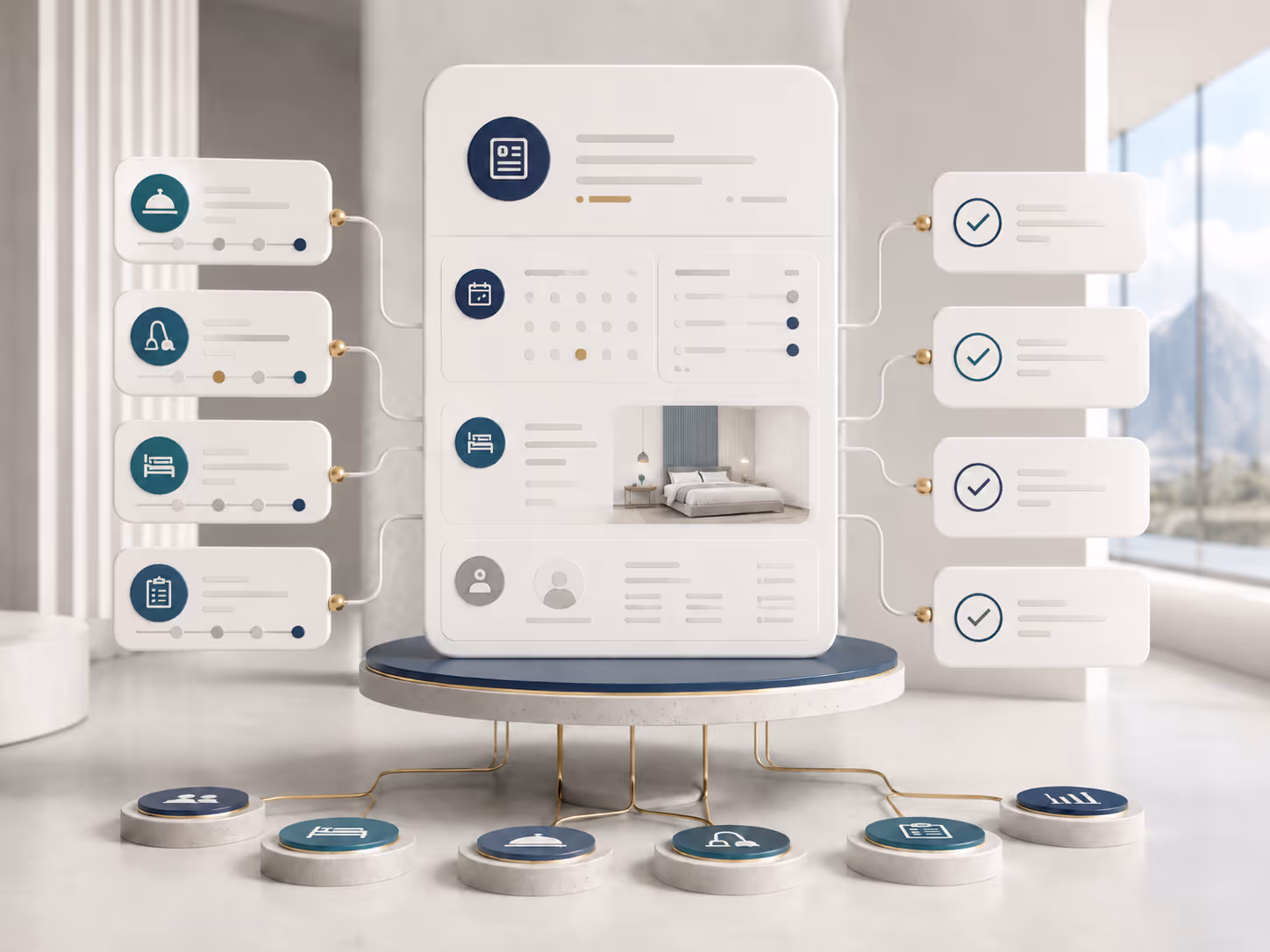 Abstract stay record connecting reservation, property and stay period as the reference for subsequent operational work.