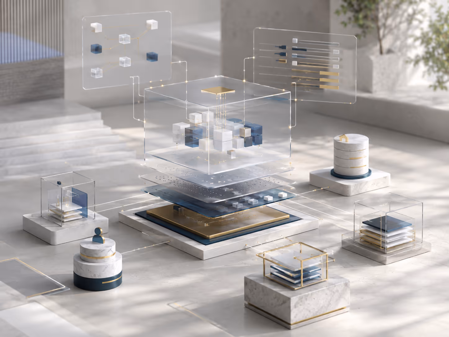 Abstract data model showing stays, properties, persons and case records linked through clear relationships.
