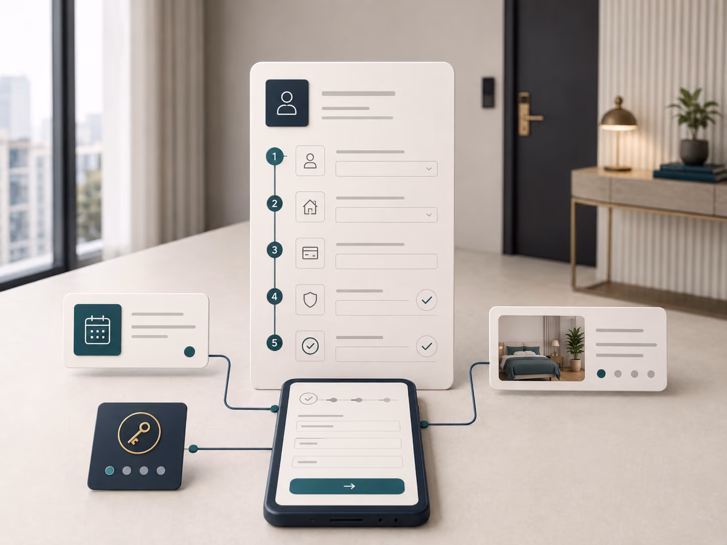 Abstract registration workflow showing required guest details, open steps and completion status before arrival.
