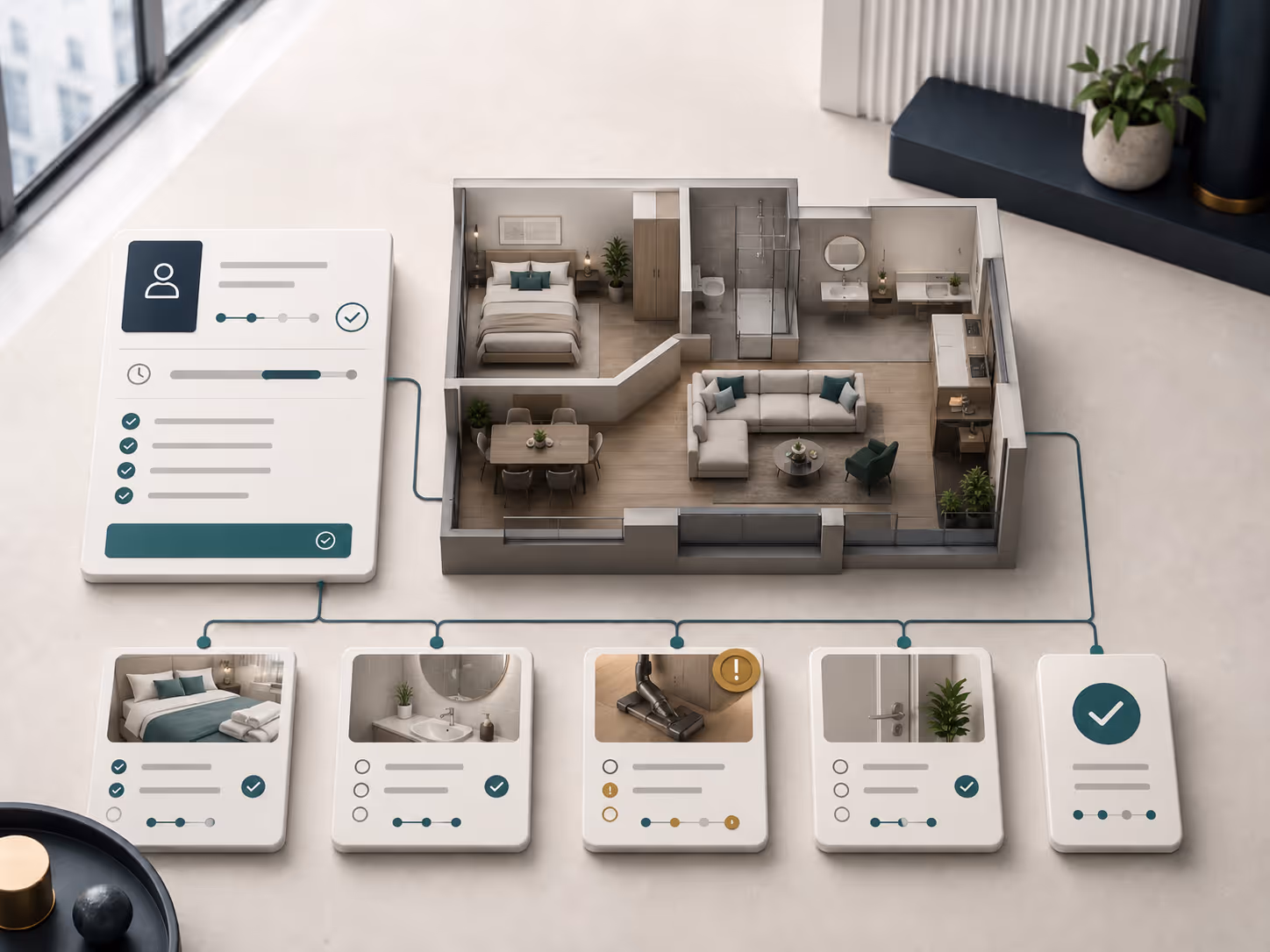 Abstract partner-service workflow showing cleaning, facility work, photo evidence, rework and acceptance linked to one case.