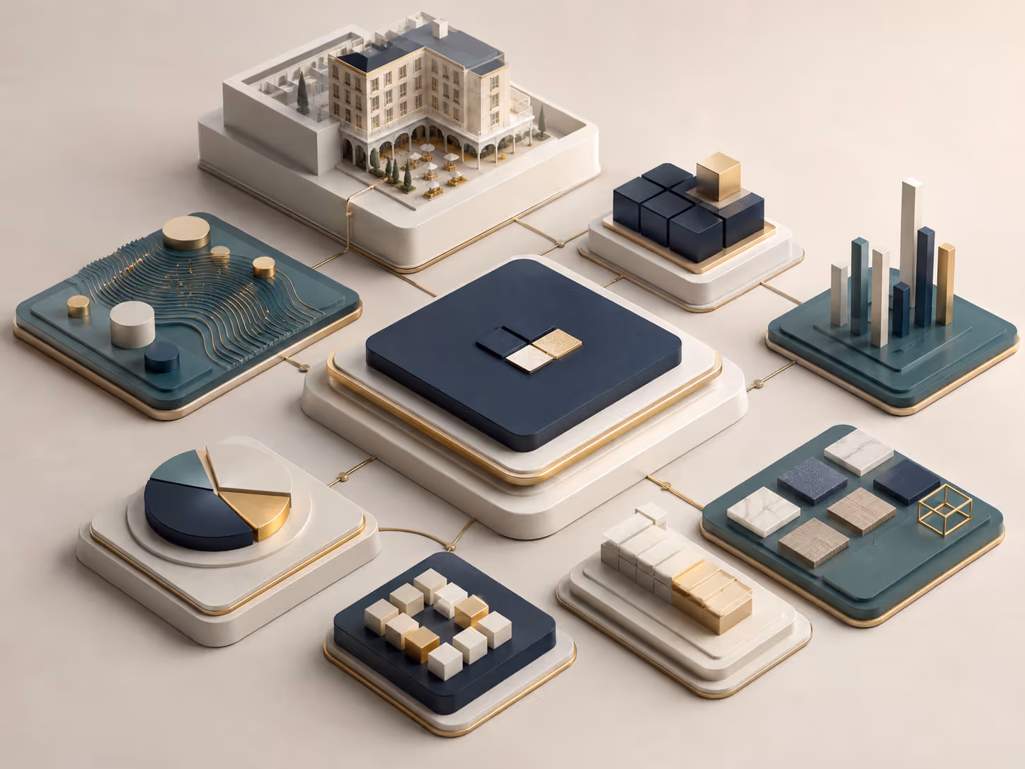 Abstract premium 3D composition showing structured operational coordination after the booking, with hospitality buildings, modular control elements and connected workflow components.