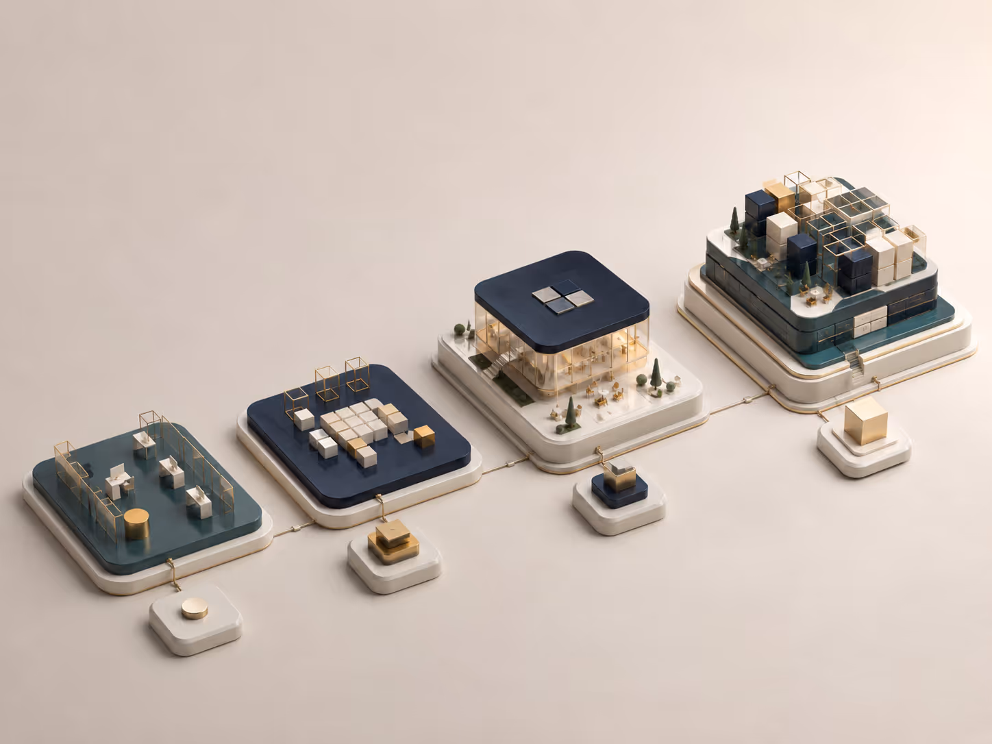 Abstract 3D illustration of structured hospitality operations with connected modules, control points and operational building blocks in the Oprivia visual style.