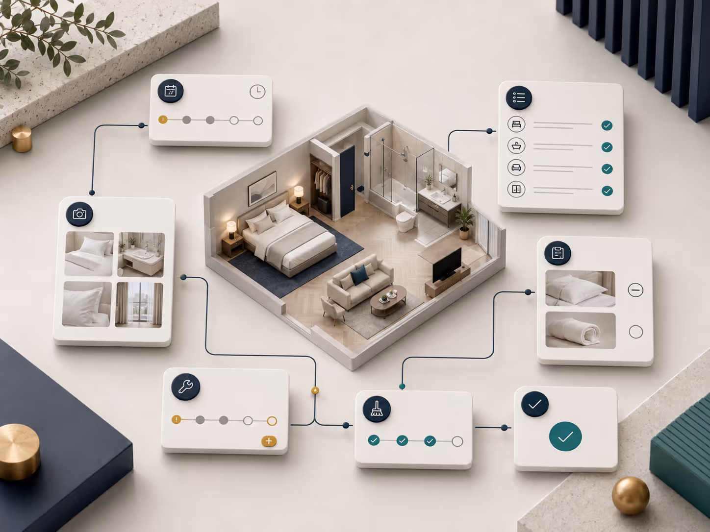 Abstract serviced apartment workflow showing cleaning, checklist, room preparation, photo documentation and acceptance status.