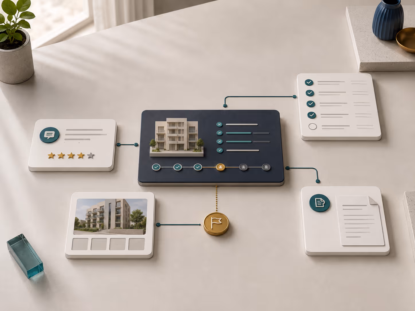 Abstract workflow showing checklists, feedback, documents and photos linked to one operational case.
