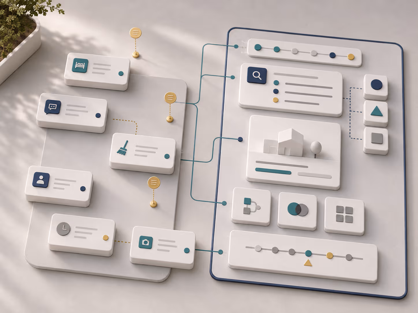 Abstract board showing a property, workflows, partners and responsibilities mapped before the pilot starts.