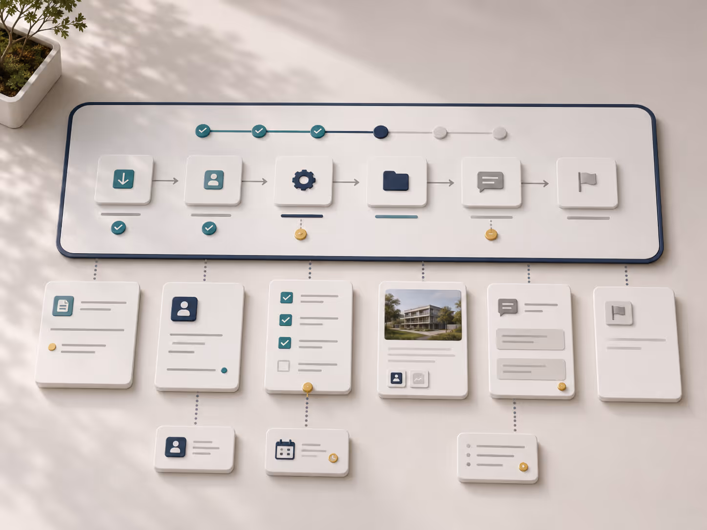 Abstract workflow showing service partners, tasks, expectations and feedback paths prepared before operational use.