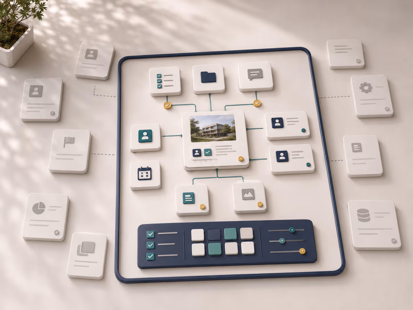 Abstract pilot setup showing documents, checklists, roles and service boundaries prepared for a limited operational test.