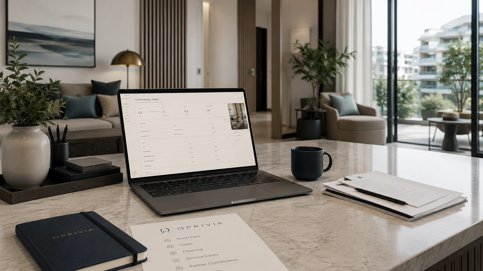 Oprivia-Dashboard in einem professionellen Apartmentumfeld als Symbol für strukturierte Arbeit nach der Reservierung.