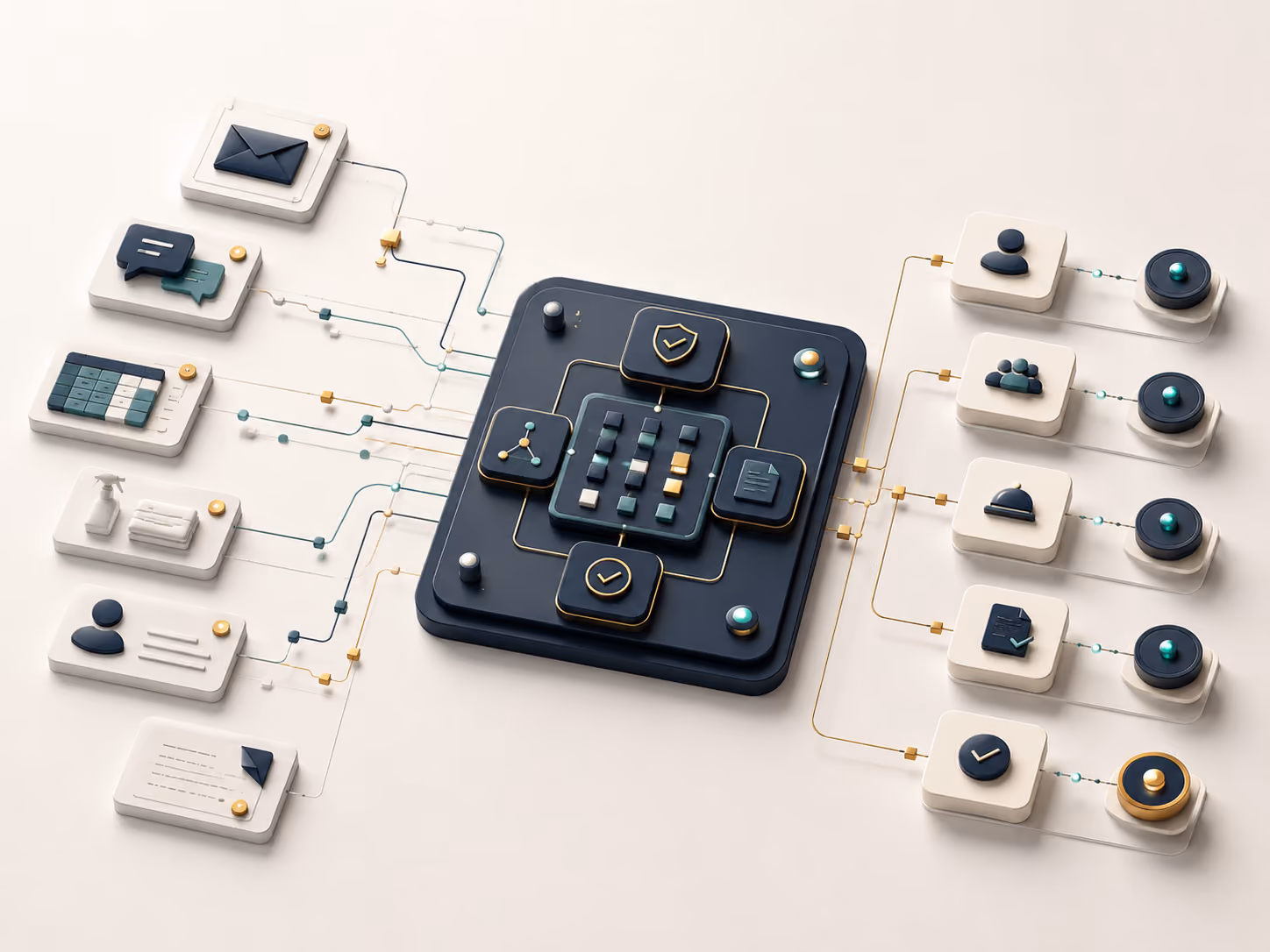 Abstract 3D illustration showing scattered post-booking channels being transformed into a structured operational workflow with roles, status points, records and decisions.