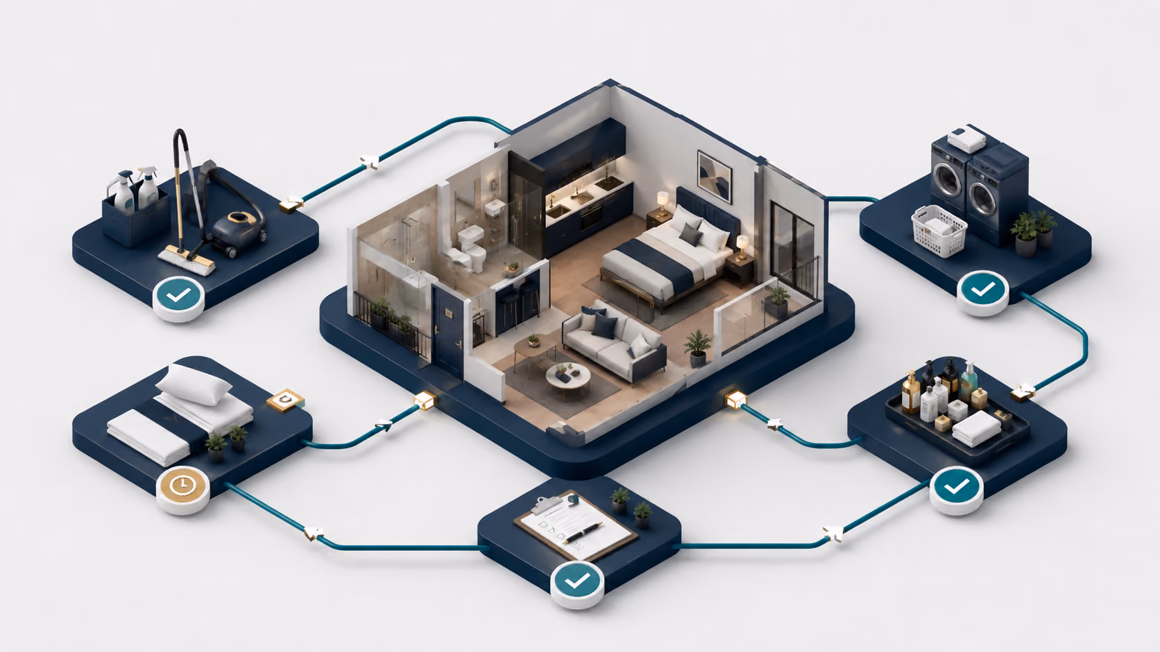 Isometric workflow for coordinating cleaning and property readiness between guest stays