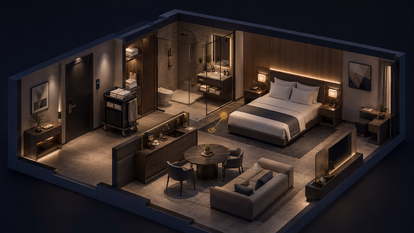 Room Readiness in einem Serviced Apartment mit Housekeeping, Ausstattung, Zutritt und einem dezent markierten offenen Prüfpunkt