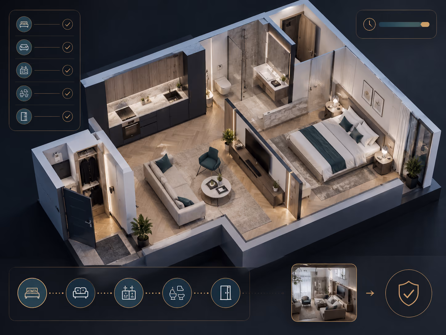 Vollständig saubere Serviced-Apartment-Einheit mit definierten Prüfbereichen, Zeitfenster, Nachweis und abschliessendem Freigabestatus
