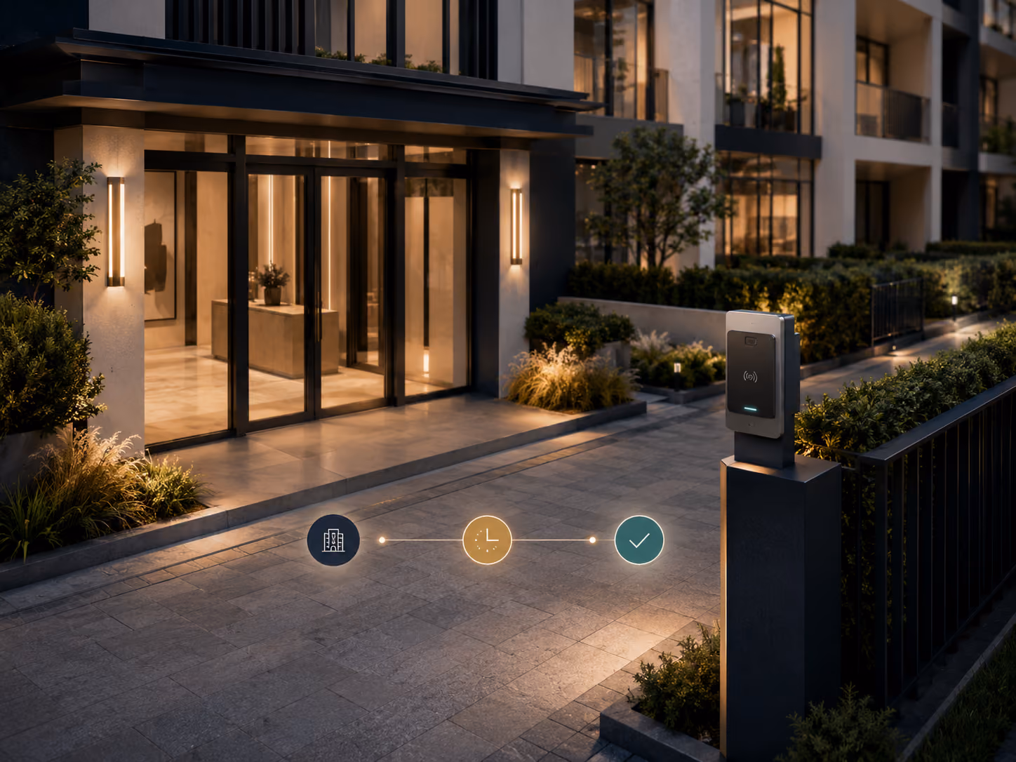 Diskrete aufgabenbezogene Anwesenheitsbestätigung an einem Serviced-Apartment-Eingang über Terminal, Zeitpunkt und neutralen Status