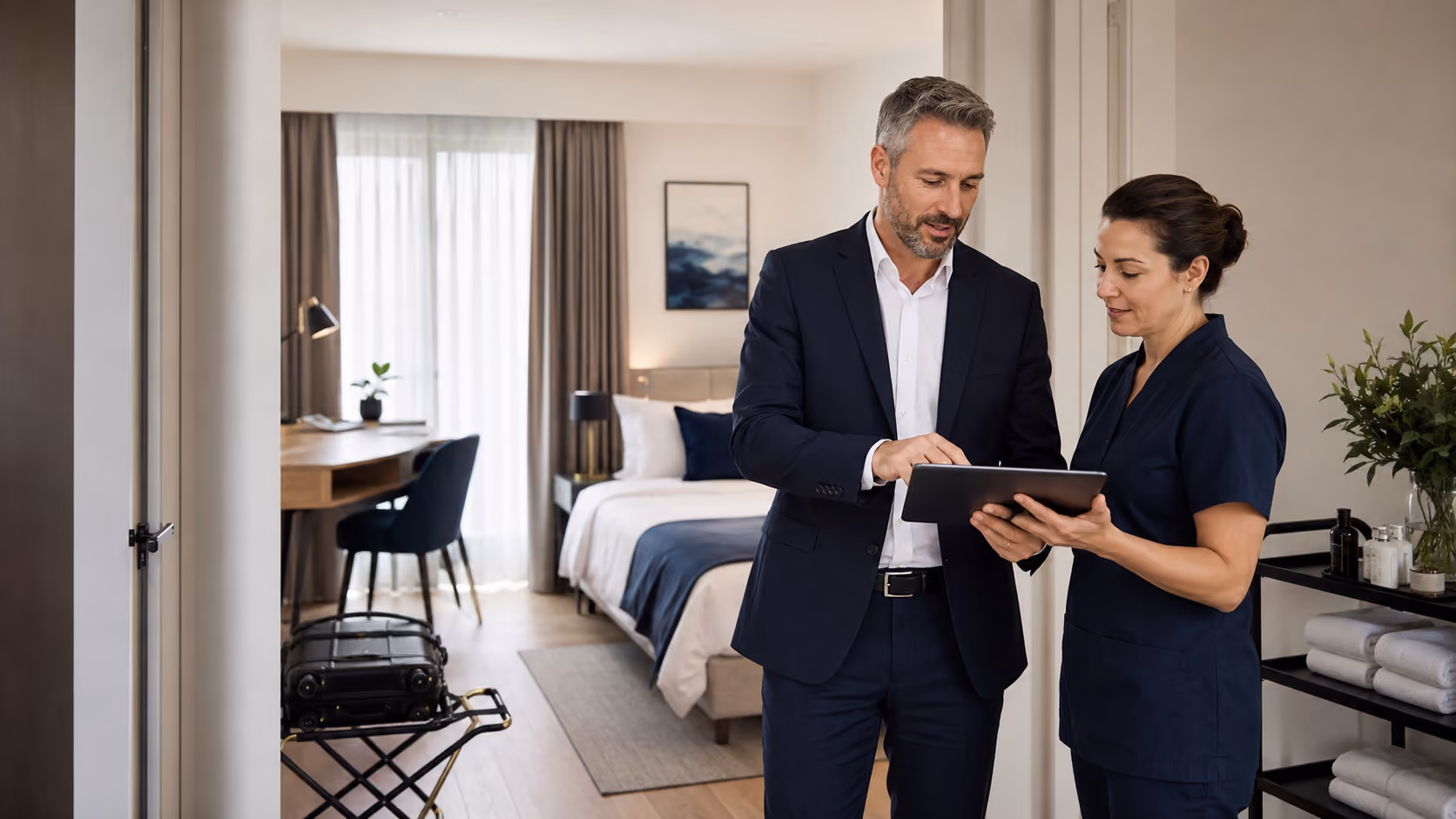 An apartment manager and housekeeping lead jointly review room readiness before a guest arrives.