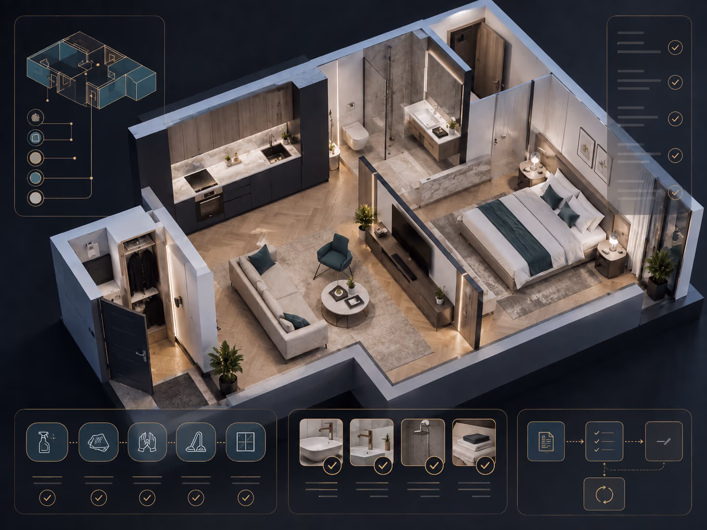 Vollständig saubere Serviced-Apartment-Einheit mit umfassender Checkliste, verbindlichen Nachweisen, formeller Prüfung und kontrolliertem Ausnahmeweg