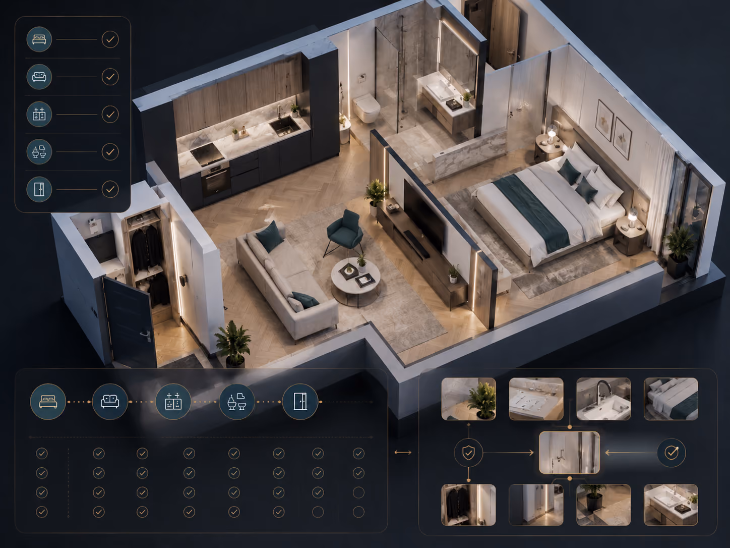 Vollständig saubere Serviced-Apartment-Einheit mit erweitertem Prüfumfang, mehreren Nachweisen und kontrolliertem Ablauf für Nacharbeit und erneute Prüfung