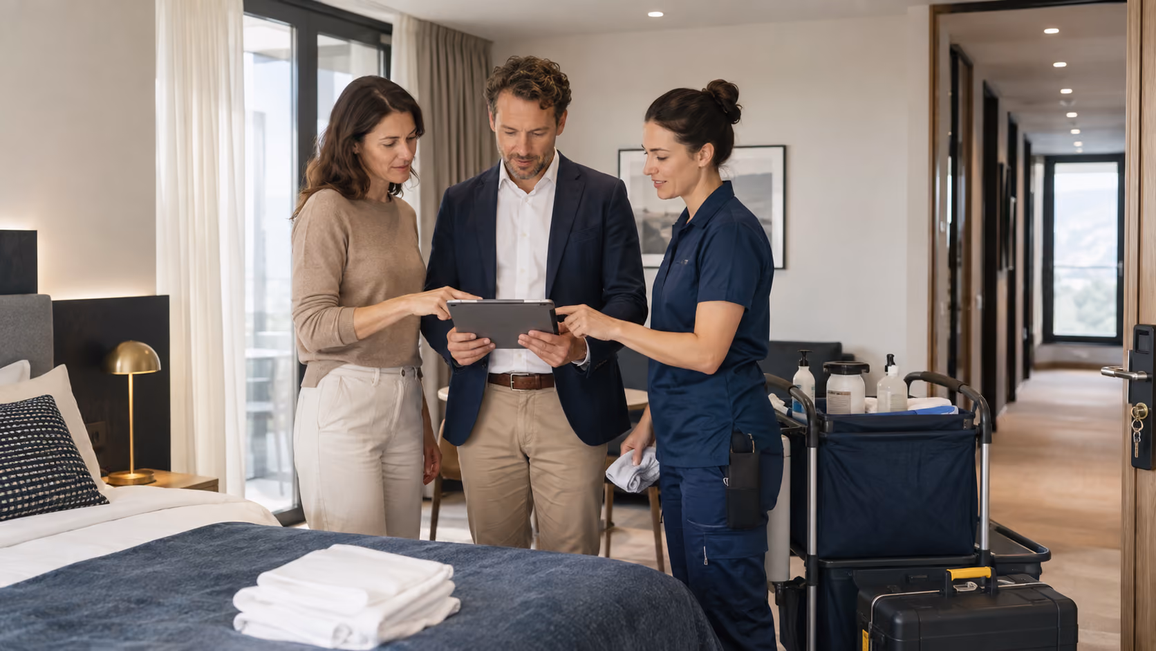 An apartment operator, a portfolio manager, and a housekeeping service partner jointly review a digital work order in a professionally managed apartment property.