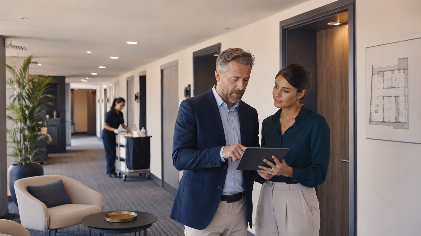 A property manager and portfolio lead review deadlines, open tasks, and escalations in a multi-unit apartment property.