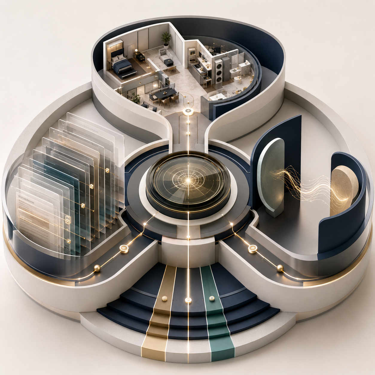 Isometric operational knowledge hub connecting accommodation workflows, records and governance
