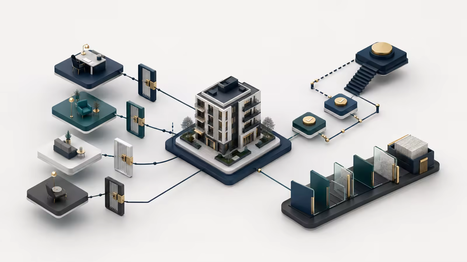 Isometric Oprivia governance structure with role paths, approval points, escalations, and an evidence archive around an accommodation case.